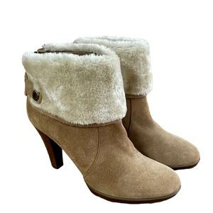 Anne Klein Teamy suede and faux fur heeled ankle booties 8.5